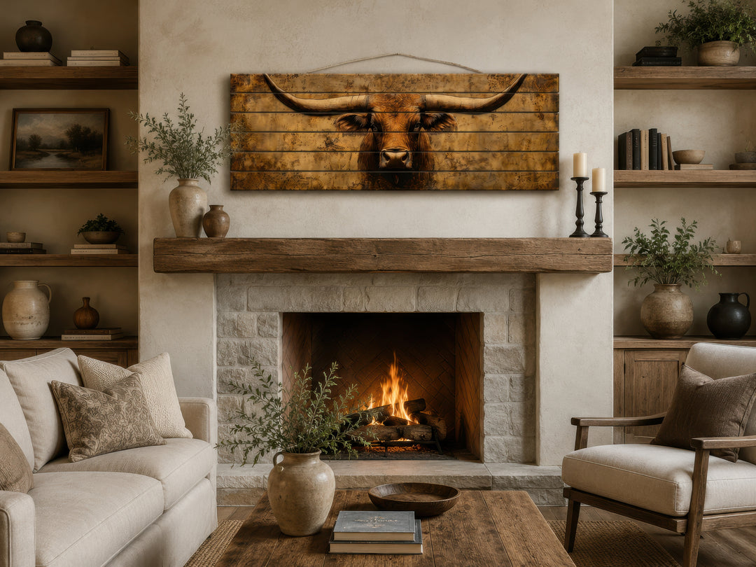 Brown Longhorn Long Narrow Distressed Wood Wall Art hanging above a fireplace in a rustic room.