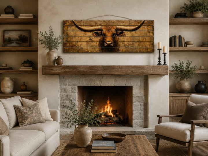 Brown Longhorn Long Narrow Distressed Wood Wall Art hanging above a fireplace in a rustic room.