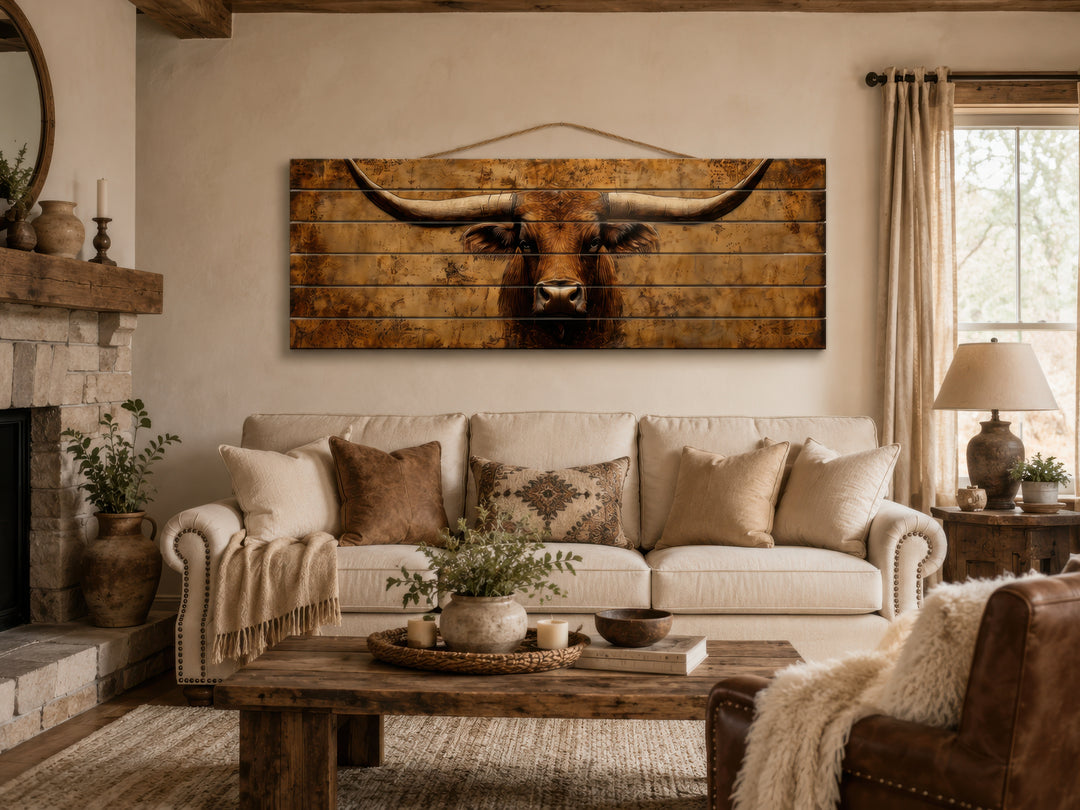 Brown longhorn steer printed on horizontal distressed wood planks above a living room sofa.