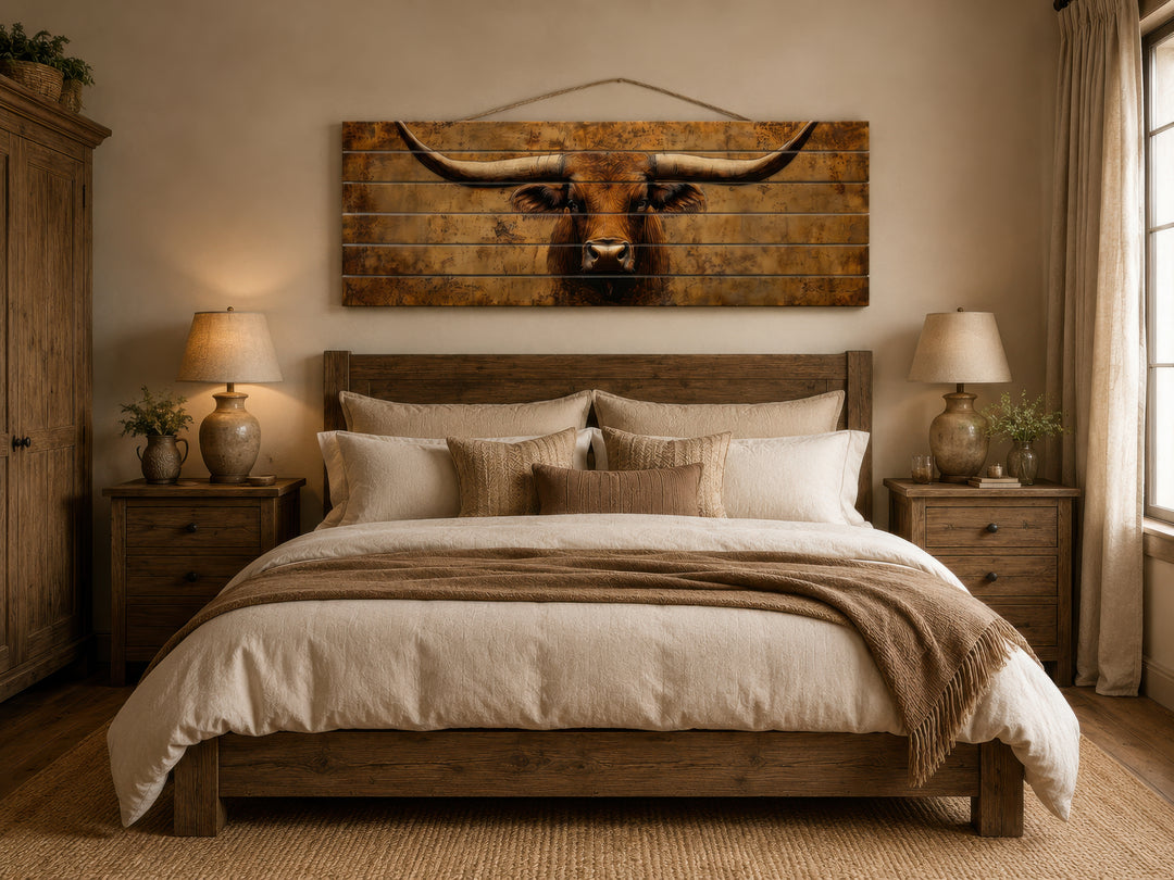 Brown longhorn steer head printed on a long, narrow distressed wood plank wall art piece.