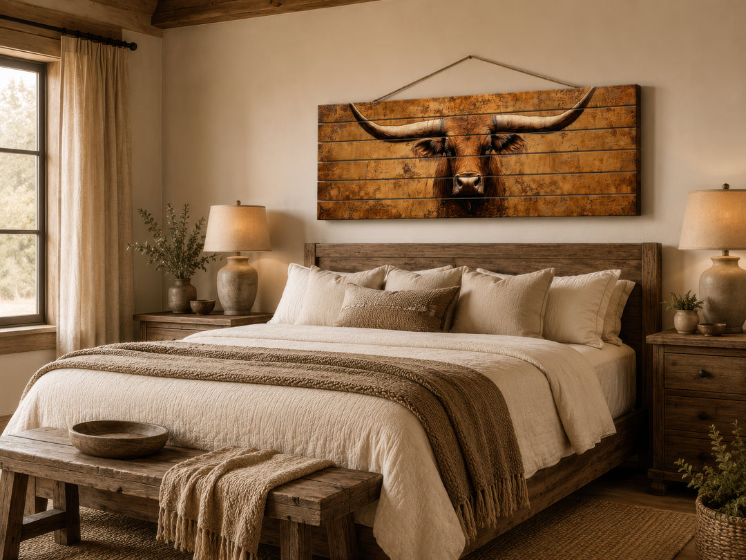 Brown longhorn steer printed on horizontal distressed wood planks hanging above a bed.