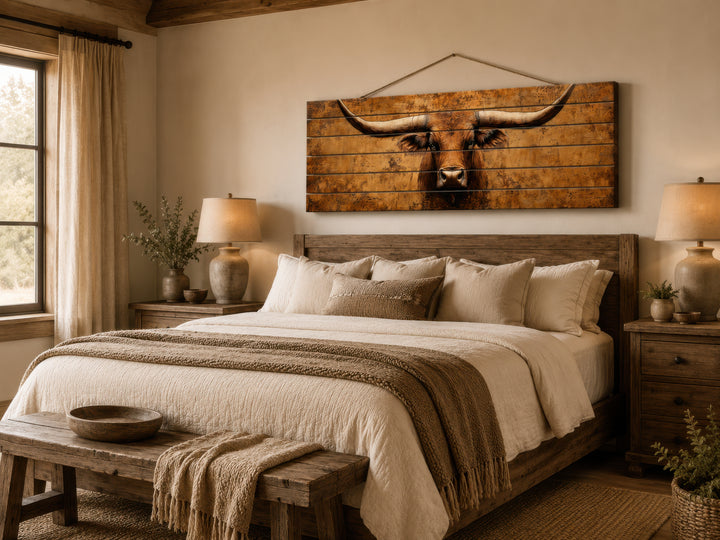 Brown longhorn steer printed on horizontal distressed wood planks hanging above a bed.