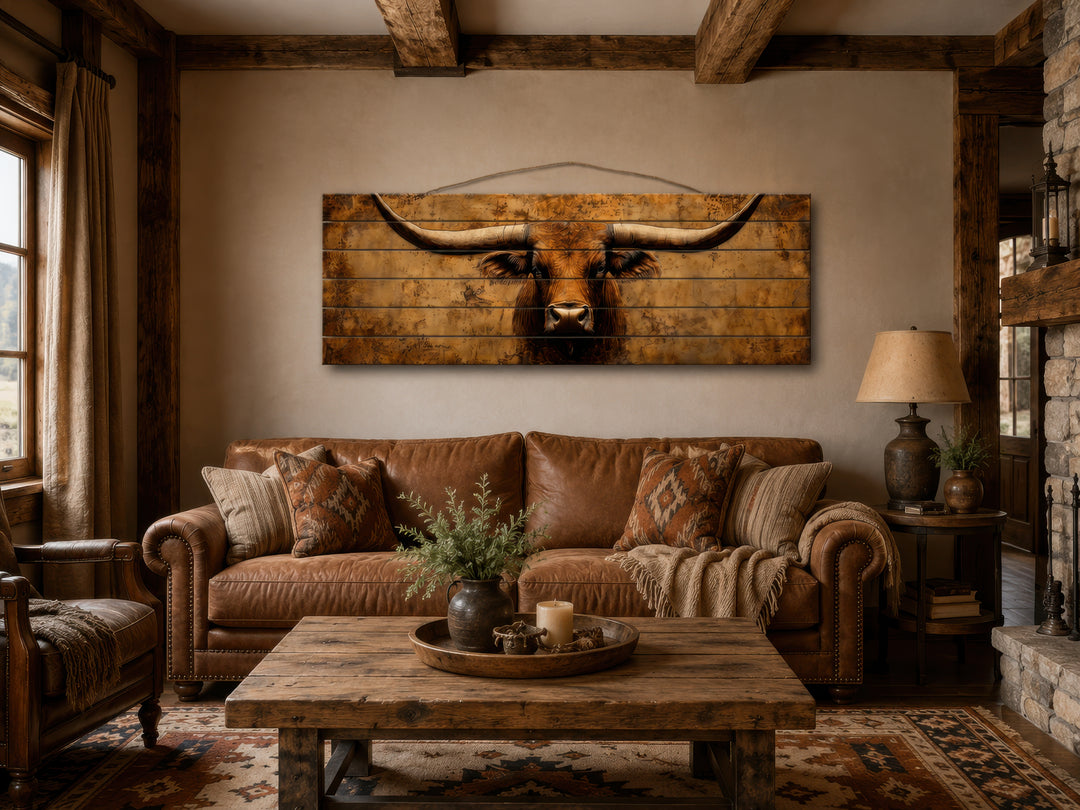 Brown longhorn steer printed on horizontal distressed wood planks above a leather sofa.