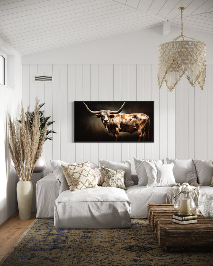 Brown Longhorn Steer Painting Framed Large Canvas Wall Art