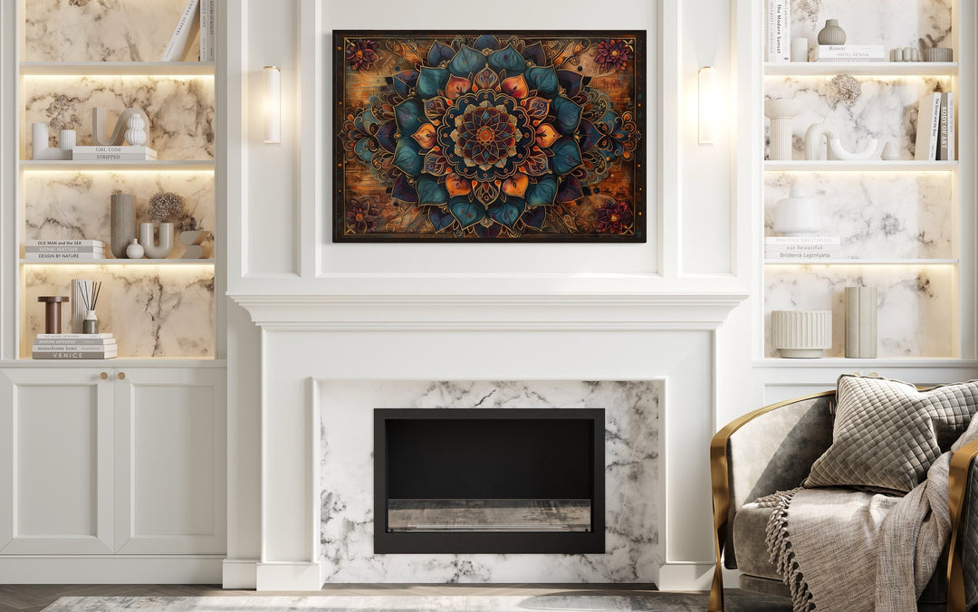 Brown Navy Boho Mandala Framed Canvas Wall Art