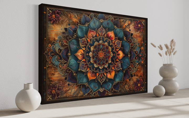 Brown Navy Boho Mandala Framed Canvas Wall Art