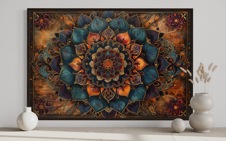 Brown Navy Boho Mandala Framed Canvas Wall Art