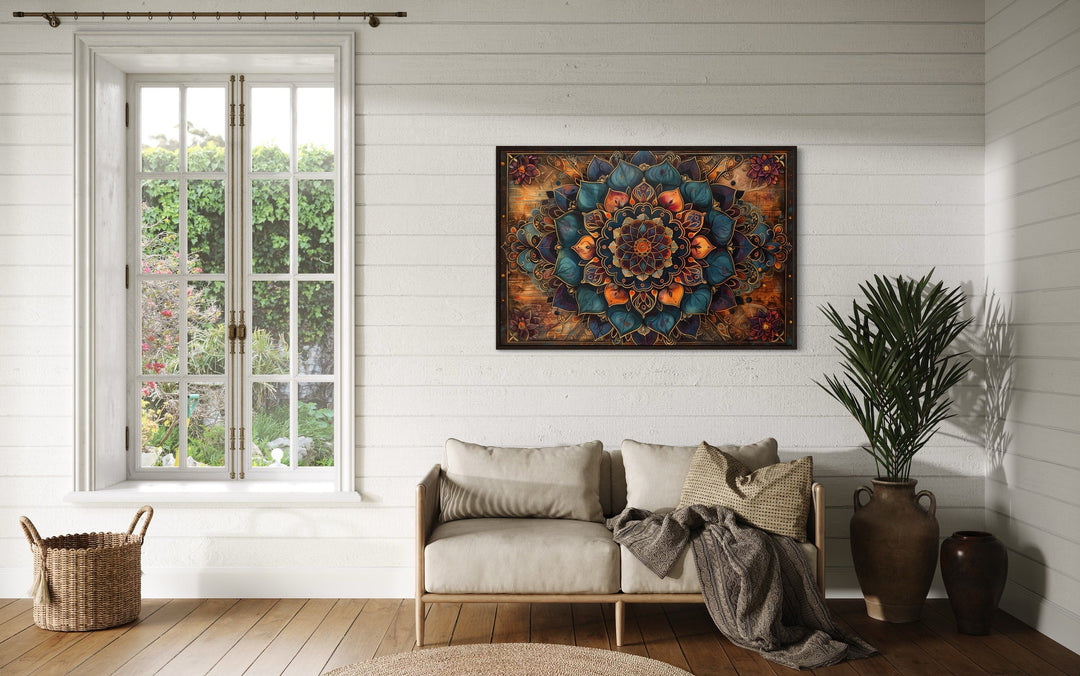 Brown Navy Boho Mandala Framed Canvas Wall Art