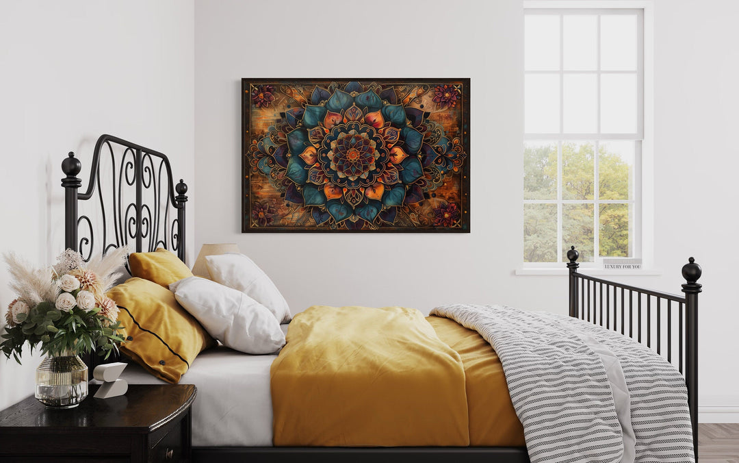 Brown Navy Boho Mandala Framed Canvas Wall Art