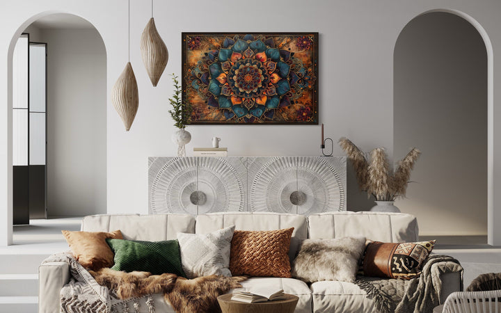 Brown Navy Boho Mandala Framed Canvas Wall Art