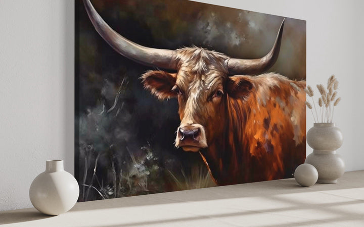 Brown Texas Longhorn Cow Framed Canvas Wall Art