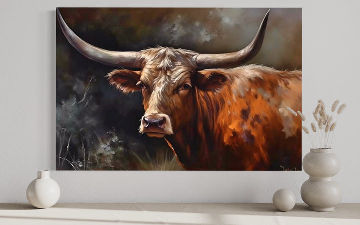 Brown Texas Longhorn Cow Framed Canvas Wall Art