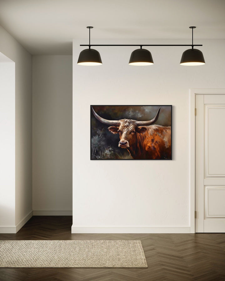 Brown Texas Longhorn Cow Framed Canvas Wall Art