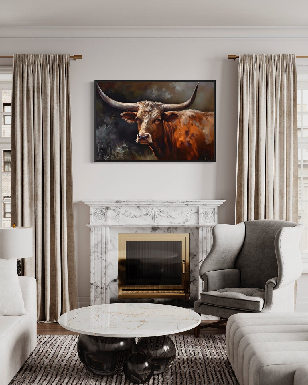 Brown Texas Longhorn Cow Framed Canvas Wall Art