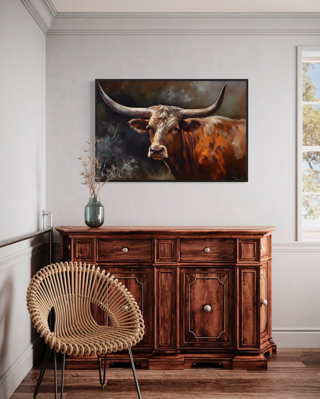 Texas Longhorn Cow Wall Art "Majestic Longhorn" in modern home