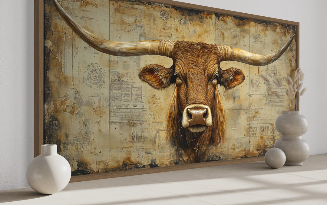 Brown Texas Longhorn Cow Head With Huge Horns On Beige Background Framed Canvas Wall Art