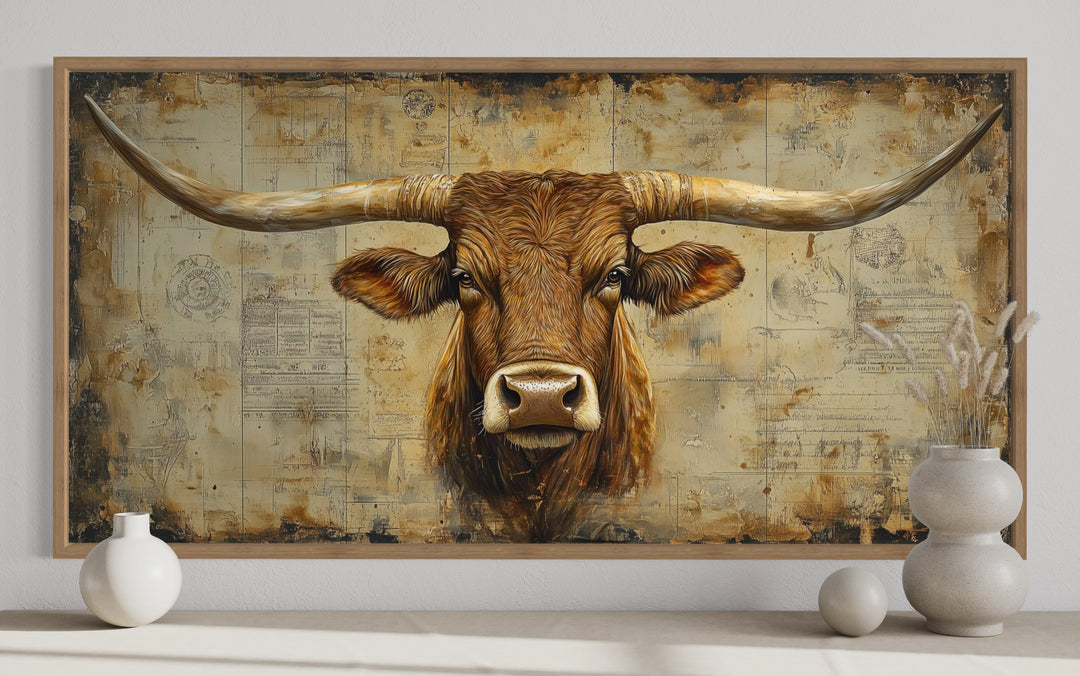 Brown Texas Longhorn Cow Head With Huge Horns On Beige Background Framed Canvas Wall Art