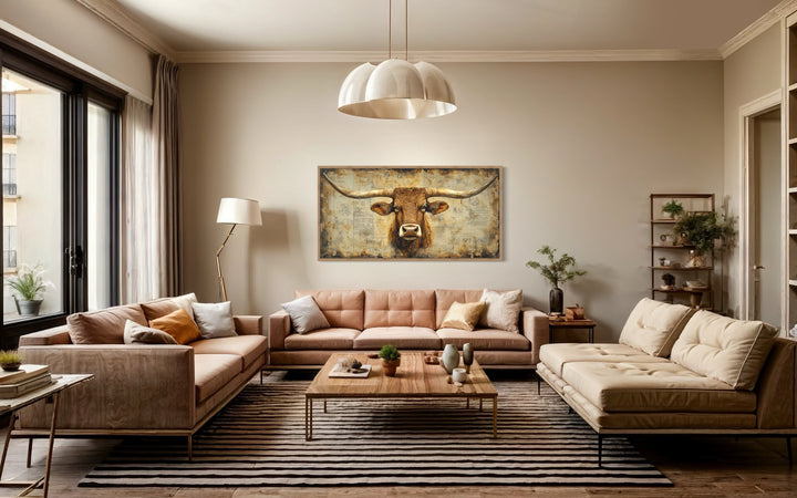 Brown Texas Longhorn Cow Head With Huge Horns On Beige Background Framed Canvas Wall Art