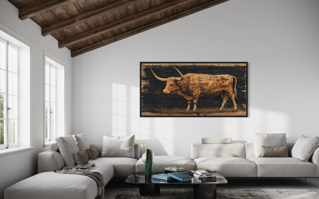 Brown Texas Longhorn Cow Painted On Black Rustic Wood Framed Canvas Wall Art