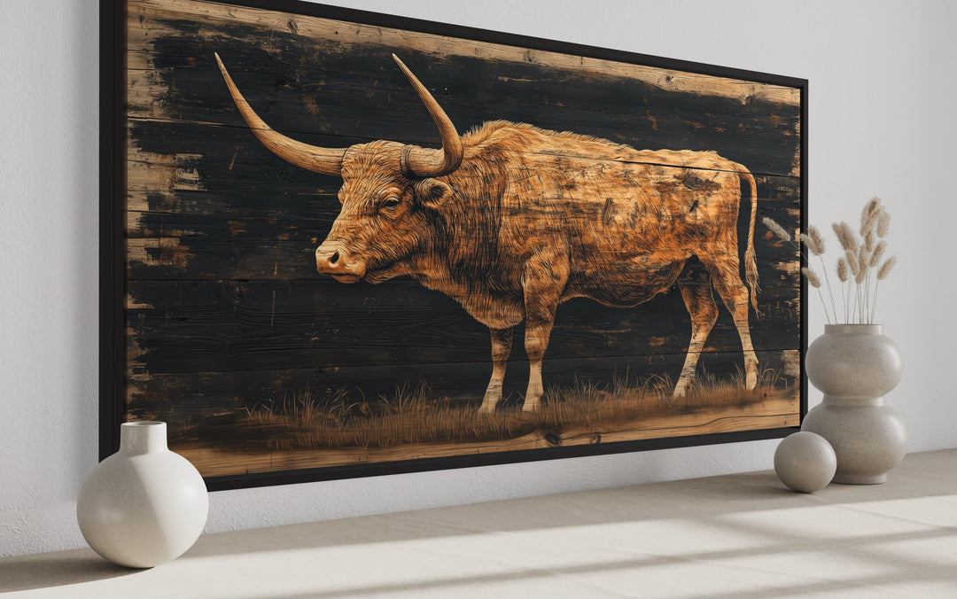 Brown Texas Longhorn Cow Painted On Black Rustic Wood Framed Canvas Wall Art