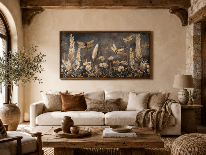 Framed horizontal canvas art of dragonflies and grasses in brown and beige tones above a white sofa.