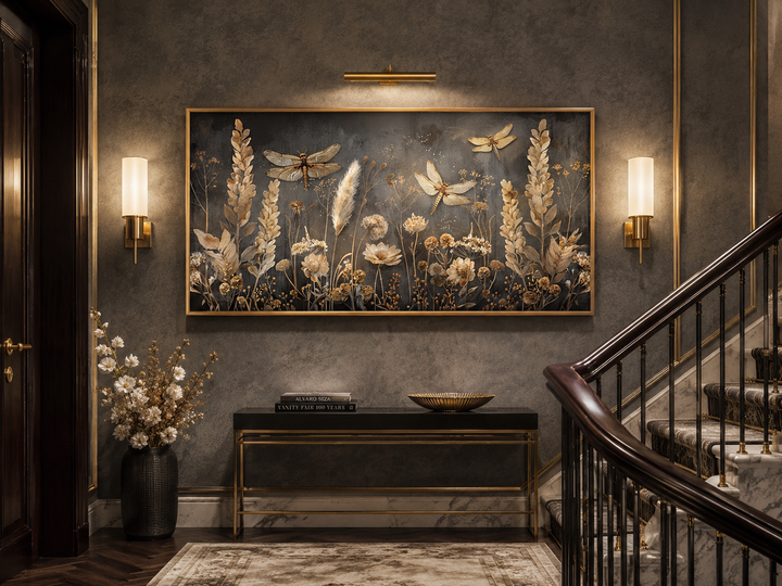 Boho wall art featuring brown and beige dragonflies and grass on a framed horizontal canvas.