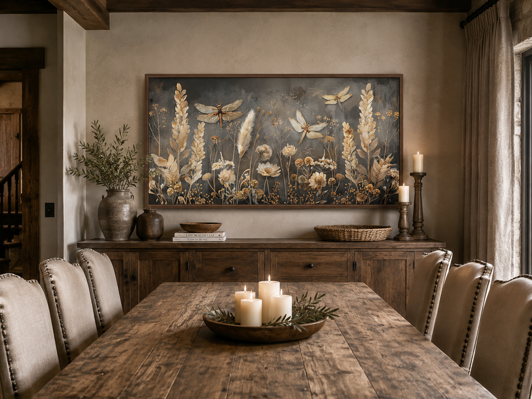 Framed horizontal canvas art of dragonflies and grasses in brown and beige tones over a sideboard.