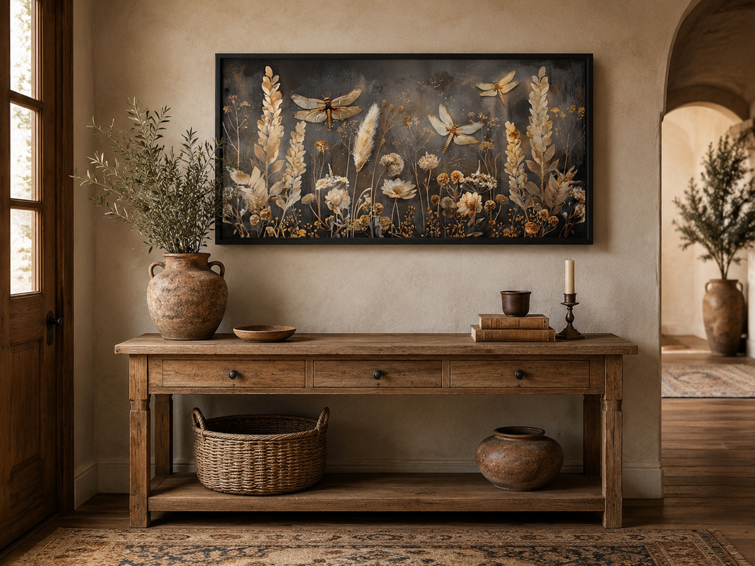 Boho wall art with brown and beige dragonflies and grass on a framed canvas above a console table.