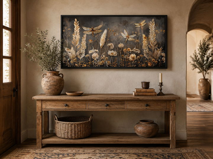 Boho wall art with brown and beige dragonflies and grass on a framed canvas above a console table.