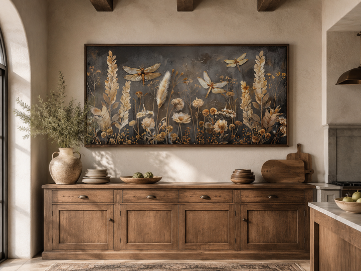 Framed horizontal canvas art of dragonflies and grasses in brown and beige over a wooden sideboard.