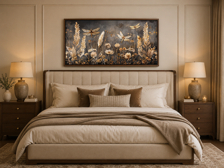 Framed canvas wall art with dragonflies and grasses in brown and beige tones above a bed.