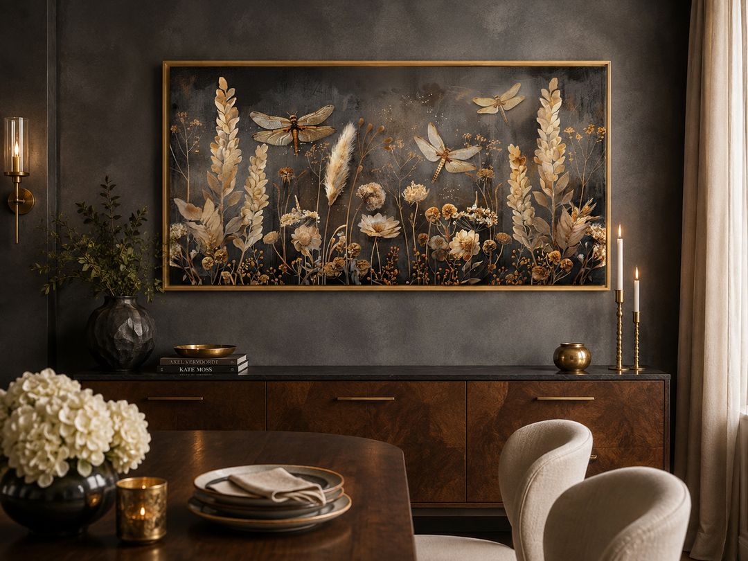 Boho framed canvas wall art featuring dragonflies and grasses in brown and beige tones.