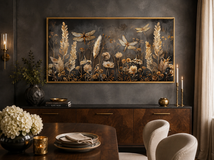 Boho framed canvas wall art featuring dragonflies and grasses in brown and beige tones.