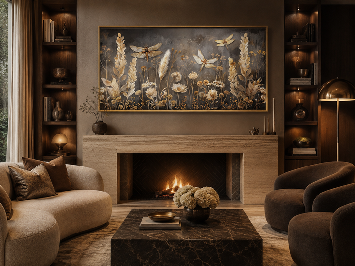 Framed horizontal canvas art of dragonflies and grasses in brown and beige above a fireplace.