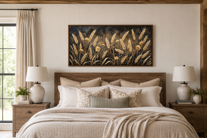 Framed horizontal canvas print of a golden wheat field above a bed in a rustic farmhouse bedroom.
