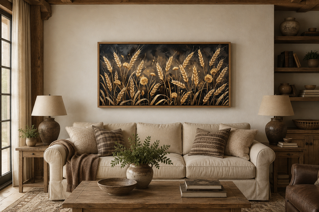 Framed horizontal canvas print of a golden wheat field in a rustic living room setting.