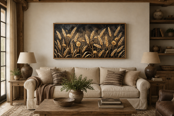 Framed horizontal canvas print of a golden wheat field in a rustic living room setting.
