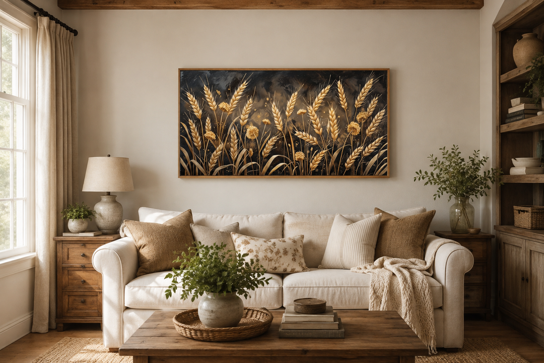 Framed horizontal canvas print of a golden wheat field over a sofa in a rustic living room.
