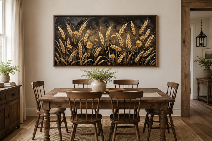 Framed horizontal canvas print of a golden wheat field in a rustic dining room setting.