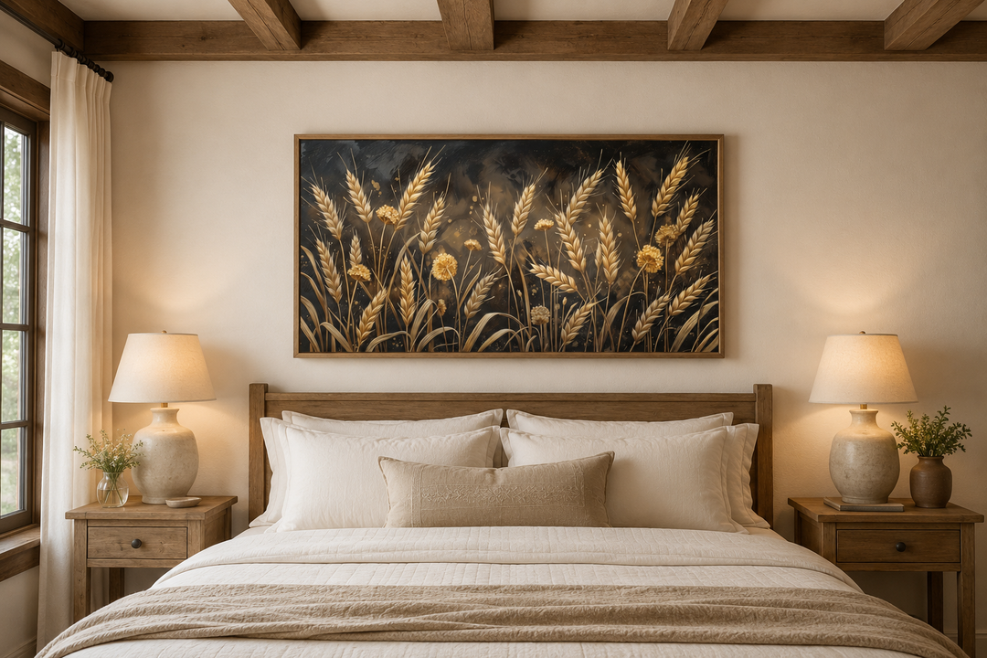 Framed canvas print of a golden wheat field in a rustic bedroom above a wooden bed frame.