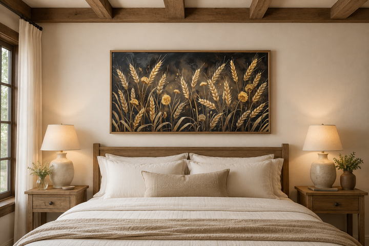 Framed canvas print of a golden wheat field in a rustic bedroom above a wooden bed frame.