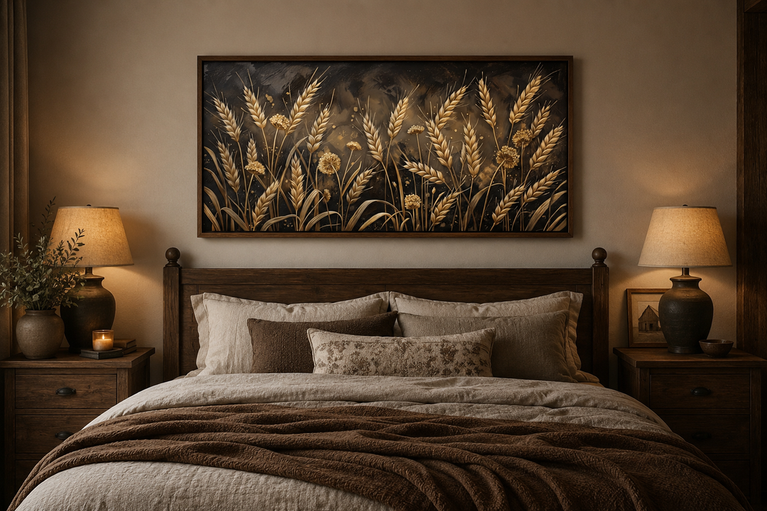 Framed horizontal canvas print of a golden wheat field in a rustic bedroom setting.