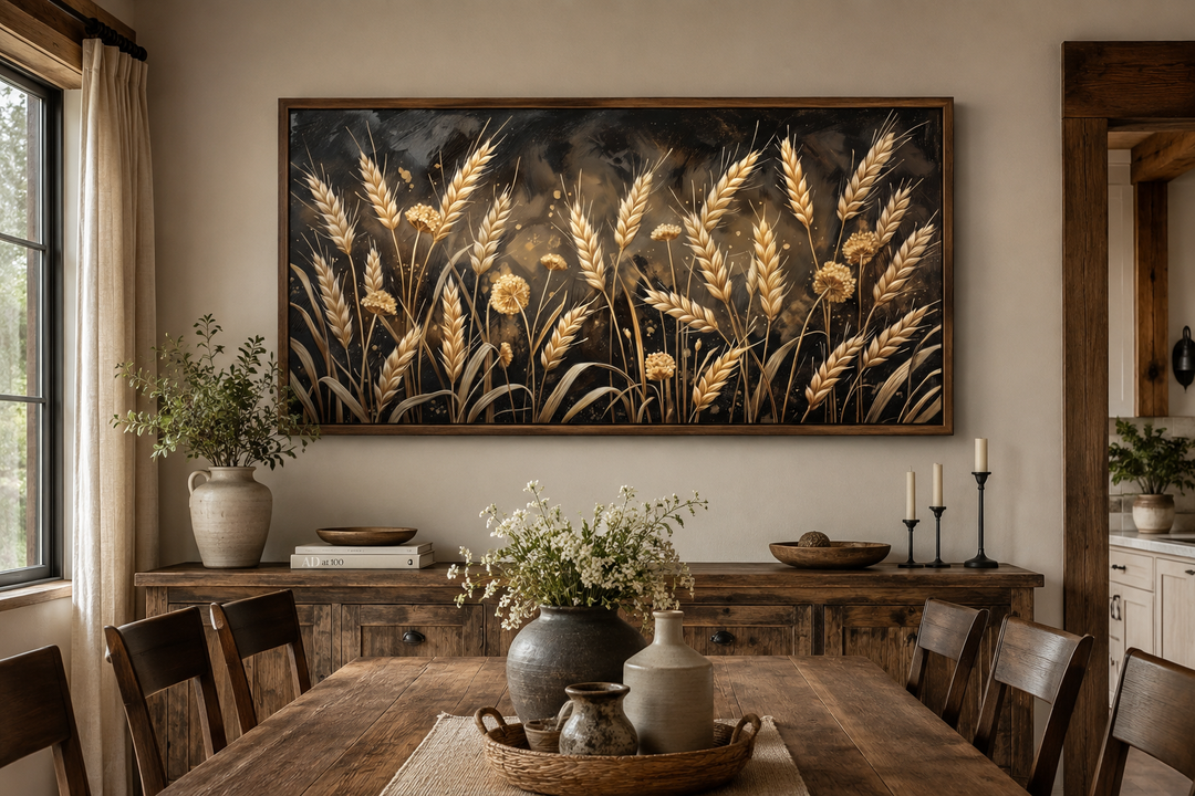 Framed horizontal canvas print of a golden wheat field in a rustic dining room setting.