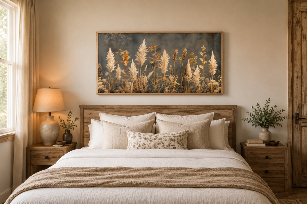 Pampas grass on grey background rustic neutral framed canvas wall art above a wooden bed.