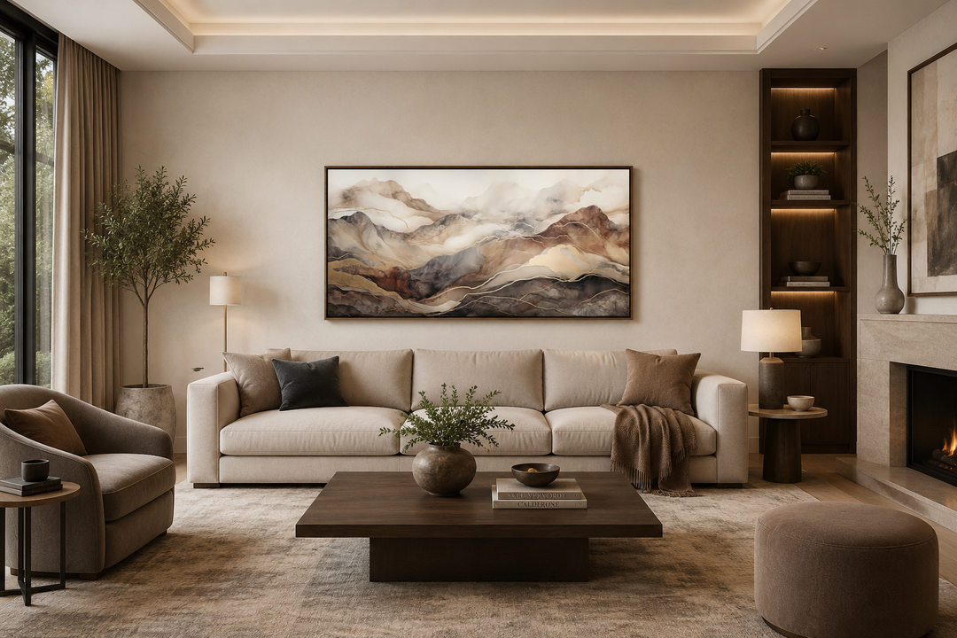 Brown and beige abstract marble mountain framed canvas wall art hanging above a neutral sofa.