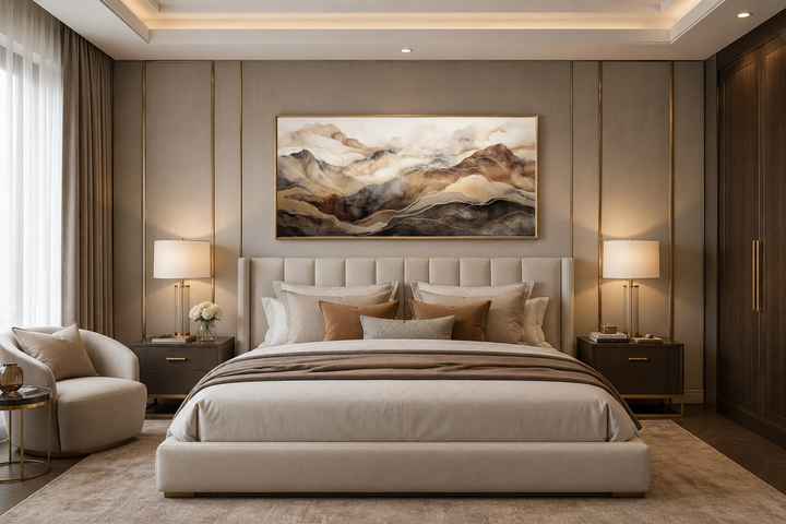 Brown and beige abstract marble mountain framed canvas wall art hanging above a bed.