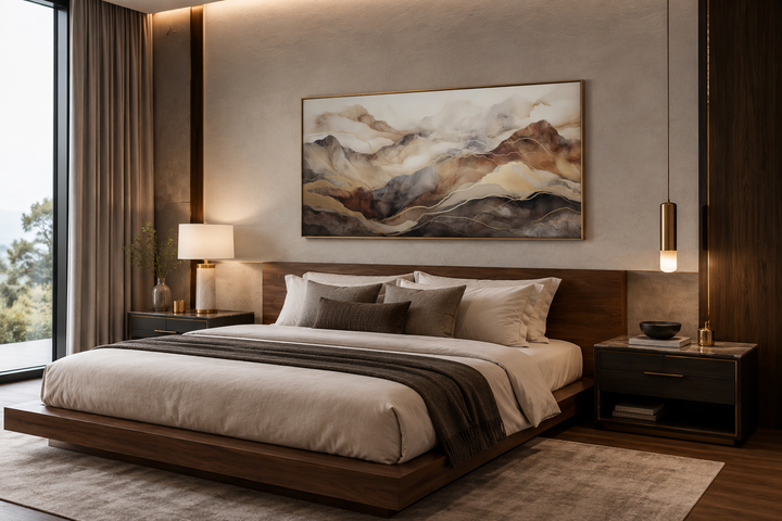 Brown and beige abstract marble mountain framed canvas wall art hanging above a bed.