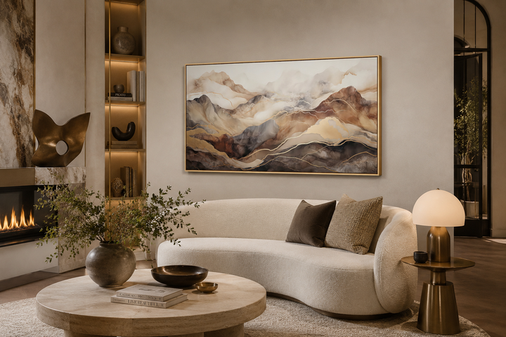 Brown and beige abstract marble mountain framed canvas wall art above a curved white sofa.