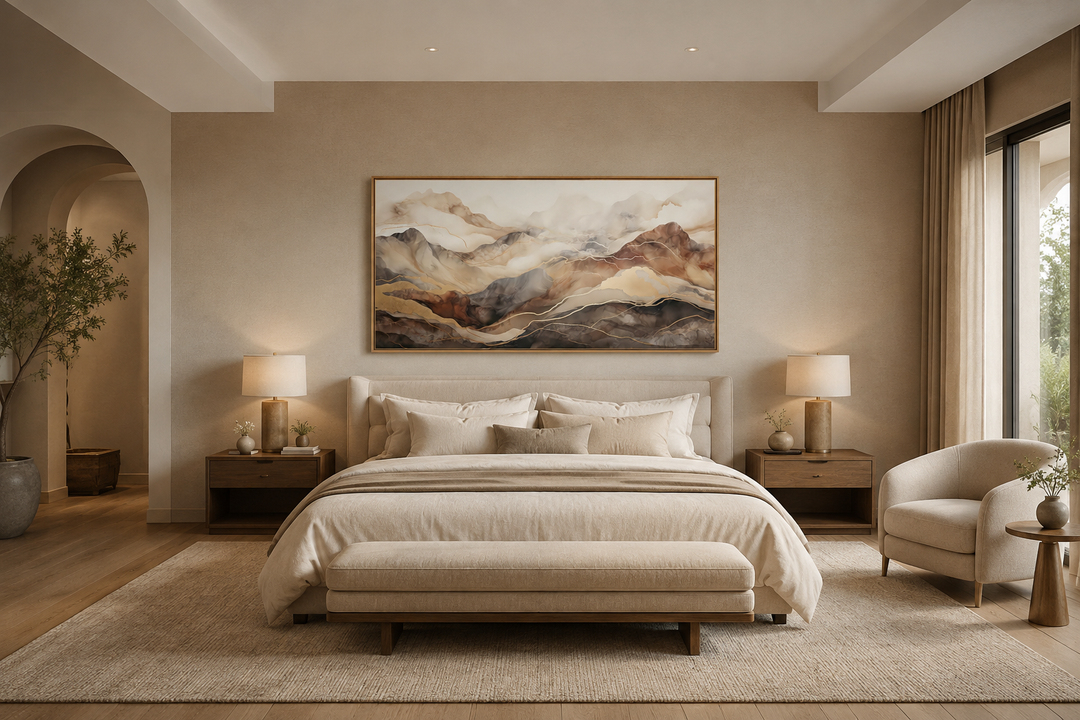 Brown and beige abstract marble mountain framed canvas wall art hanging above a bed in a bedroom.