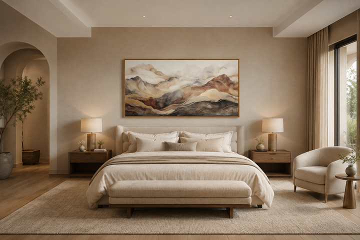Brown and beige abstract marble mountain framed canvas wall art hanging above a bed in a bedroom.